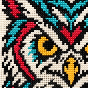 Macro of the stitched owl eyes and beak