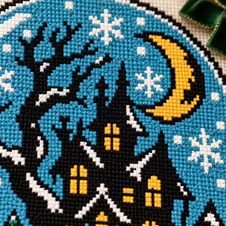 Macro of the stitched haunted house windows, moon and snowflakes