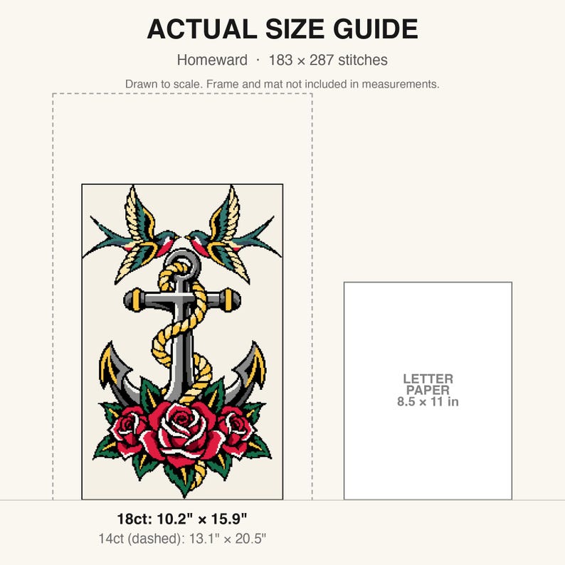 True-to-scale size guide comparing the finished piece to a sheet of letter paper