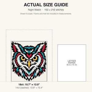 True-to-scale size guide comparing the finished piece to a sheet of letter paper