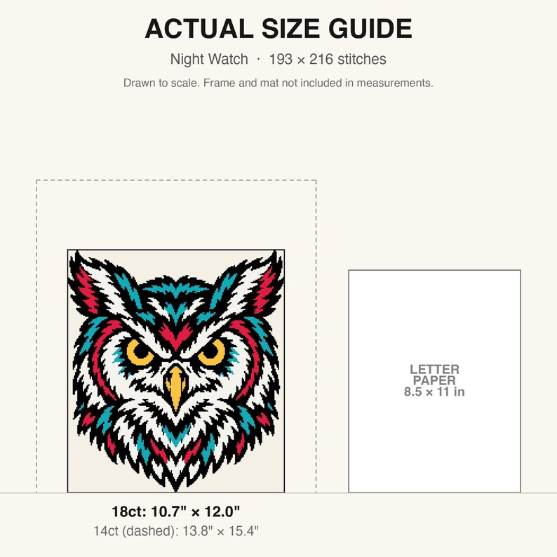 True-to-scale size guide comparing the finished piece to a sheet of letter paper