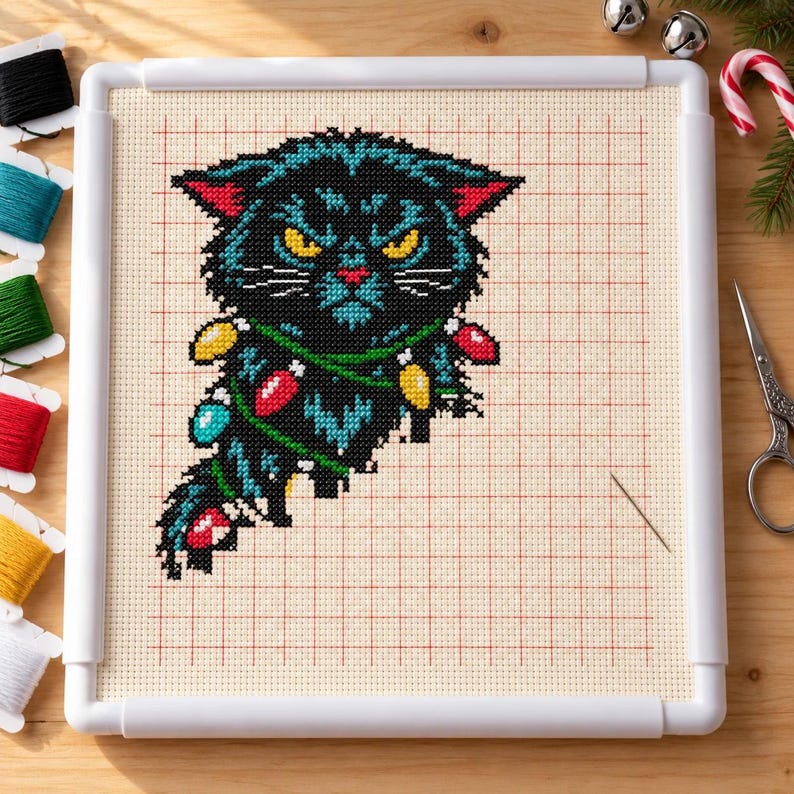 Black cat cross stitch in progress in a Q-snap frame