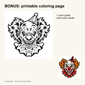 Może przedstawiać: Kolorowanka do druku przedstawiająca czarno-białą grafikę liniową klauna w spiczastym kapeluszu i z kryzą. Tekst brzmi BONUS: printable coloring page oraz + color guide with every shade. Dołączono małą kolorową wersję ilustracji.