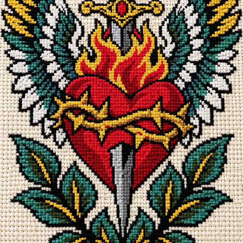 Macro of the stitched flames, dagger hilt and crown of thorns