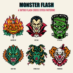 May include: A collection of six monster-themed cross stitch patterns titled Monster Flash 6 Tattoo Flash Cross Stitch Patterns. The designs feature a pumpkin, vampire, Frankenstein's monster, sea creature, Medusa, and clown with text labels.