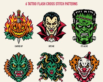 May include: A collection of six monster-themed cross stitch patterns titled Monster Flash 6 Tattoo Flash Cross Stitch Patterns. The designs feature a pumpkin, vampire, Frankenstein's monster, sea creature, Medusa, and clown with text labels.