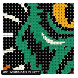 May include: A cross-stitch pattern chart featuring a grid of symbols representing colors. The design includes black, green, yellow, white, and orange blocks. Text at the bottom reads: Color + symbol chart, bold line every 10.
