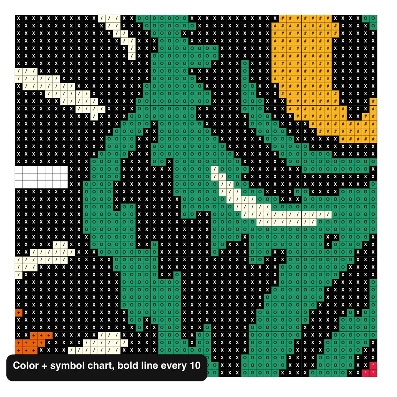 May include: A cross-stitch pattern chart featuring a grid of symbols representing colors. The design includes black, green, yellow, white, and orange blocks. Text at the bottom reads: Color + symbol chart, bold line every 10.
