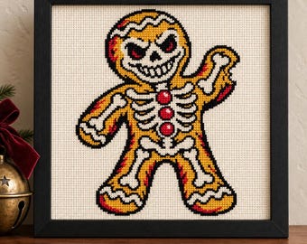Gingerbread Skeleton Cross Stitch Pattern, Creepy Christmas Tattoo Flash (PDF, OXS)