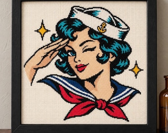 Sailor Girl Cross Stitch Pattern, Vintage Pin Up Tattoo Flash (PDF, OXS)