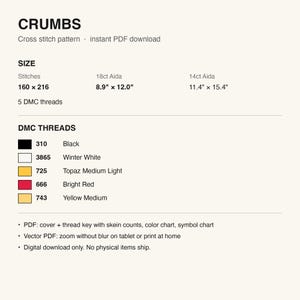 Pattern details: stitch count, finished size and DMC thread list