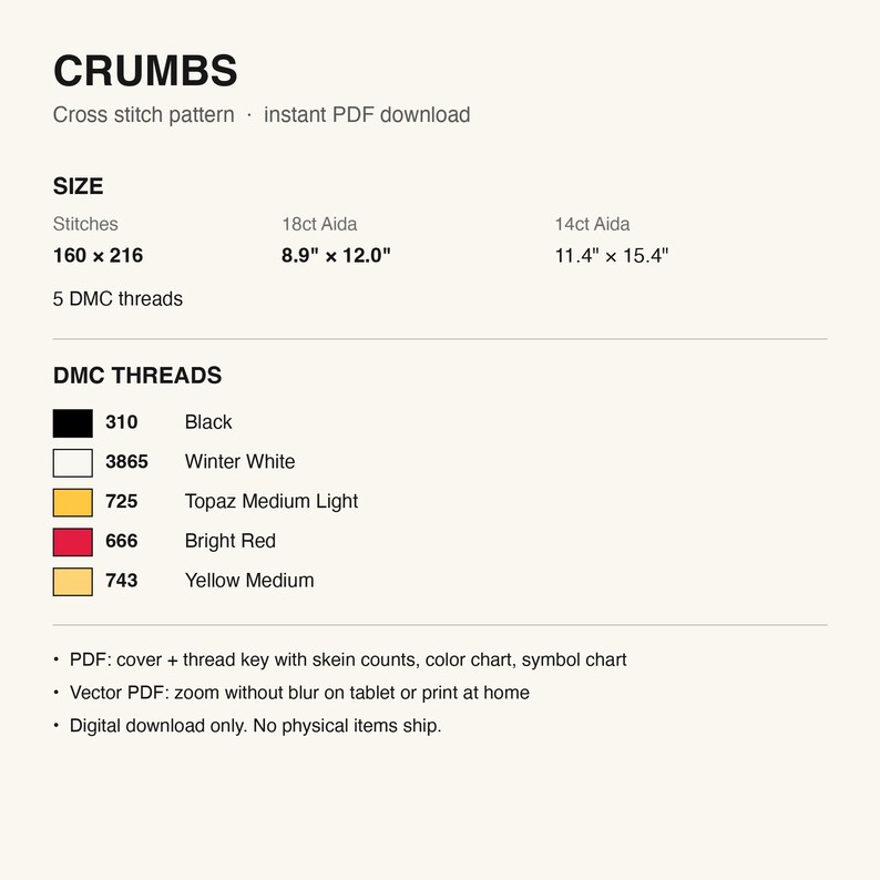 Pattern details: stitch count, finished size and DMC thread list