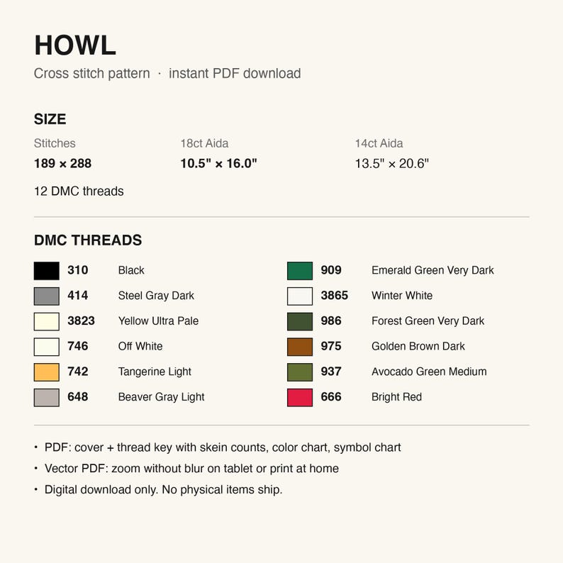 Pattern details: stitch count, finished size and DMC thread list