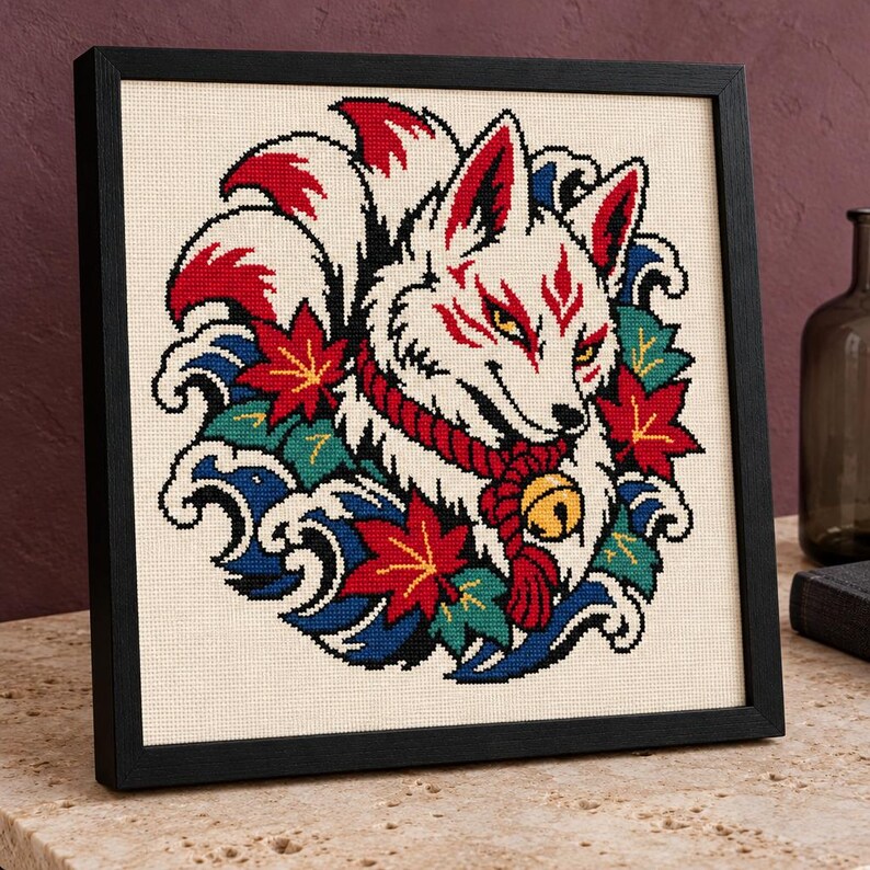 Kitsune Fox Cross Stitch Pattern + Coloring Page, Japanese Irezumi Tattoo Flash Fox With Maple Leaves and Waves (PDF, OXS) image 3
