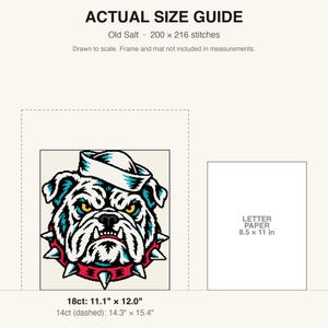 True-to-scale size guide comparing the finished piece to a sheet of letter paper
