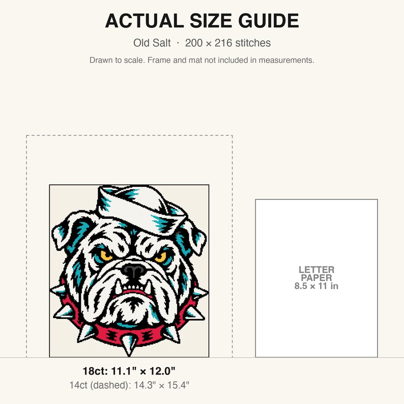 True-to-scale size guide comparing the finished piece to a sheet of letter paper