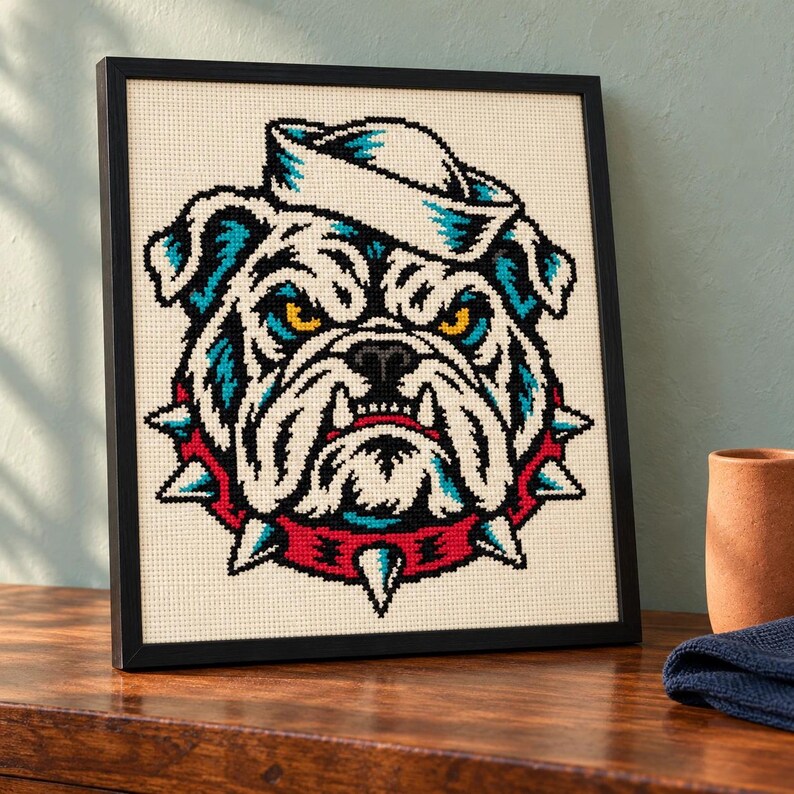 Sailor bulldog cross stitch in a black frame on a shelf