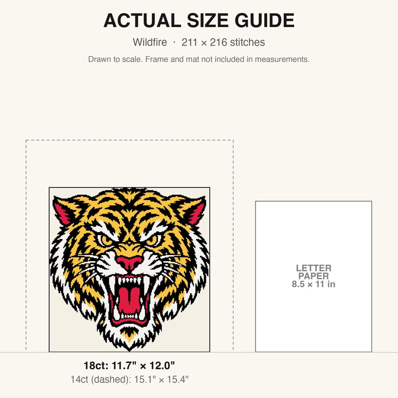 True-to-scale size guide comparing the finished piece to a sheet of letter paper