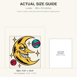 True-to-scale size guide comparing the finished piece to a sheet of letter paper