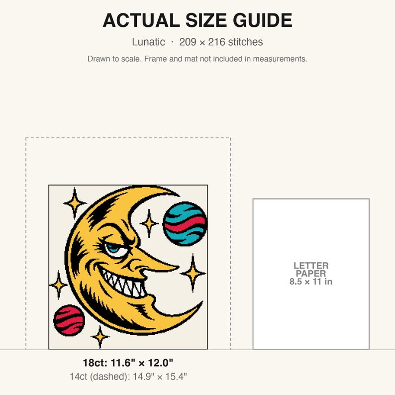 True-to-scale size guide comparing the finished piece to a sheet of letter paper