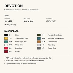 Pattern details: stitch count, finished size and DMC thread list