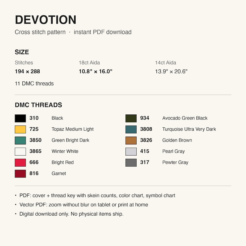 Pattern details: stitch count, finished size and DMC thread list