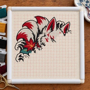 Kitsune Fox Cross Stitch Pattern + Coloring Page, Japanese Irezumi Tattoo Flash Fox With Maple Leaves and Waves (PDF, OXS) image 4