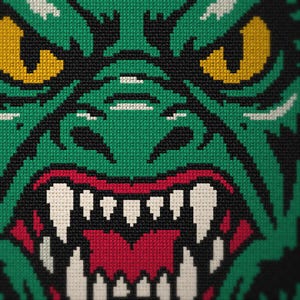 May include: A cross-stitch embroidery pattern featuring a close-up of a green creature's face with yellow eyes, a black nose, and a wide-open mouth revealing sharp white teeth against a dark red interior, all rendered in a pixelated style.