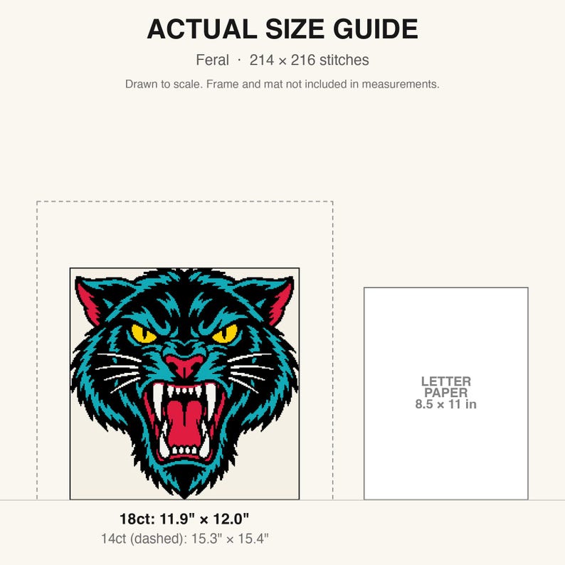 True-to-scale size guide comparing the finished piece to a sheet of letter paper