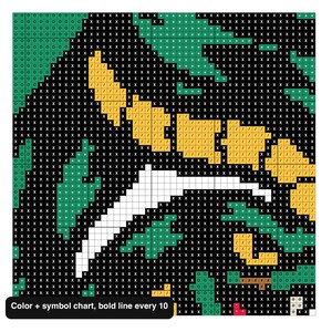 May include: A cross-stitch pattern chart featuring a grid with black, green, yellow, and white squares marked by symbols. The design includes a black background, green foliage shapes, yellow accents, and white lines. Text reads: Color + symbol chart, bold line every 10.