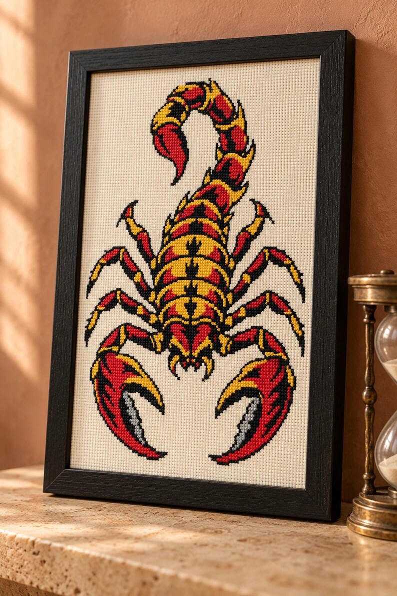 Scorpion cross stitch in a tall black frame on a shelf