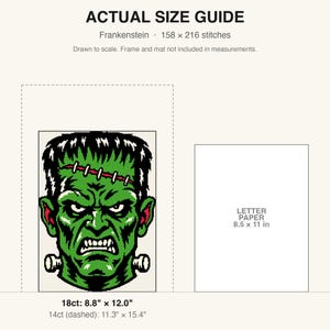 Puede incluir: Una gu&iacute;a de tama&ntilde;o real para un patr&oacute;n de punto de cruz de Frankenstein con una cabeza de monstruo verde, pelo negro y pernos en el cuello. El texto incluye ACTUAL SIZE GUIDE, 158 x 216 puntadas y medidas para tela de 18ct y 14ct.