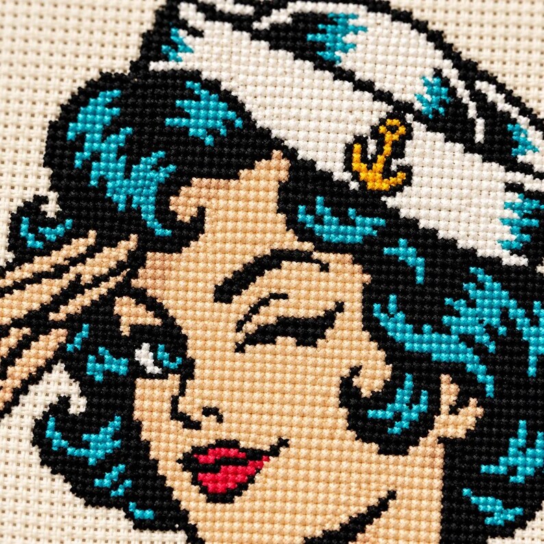 Macro of the stitched winking face and sailor cap