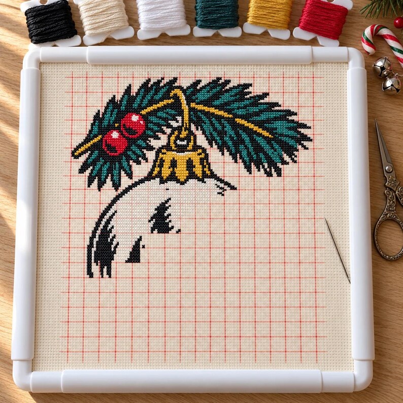 Skull ornament cross stitch in progress in a Q-snap frame