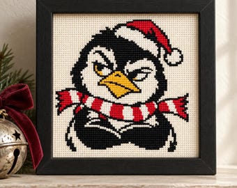 Grumpy Penguin Cross Stitch Pattern, Mini Christmas Tattoo Flash Ornament (PDF, OXS)