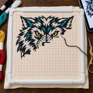 Wolf cross stitch in progress on a scroll frame with floss and scissors