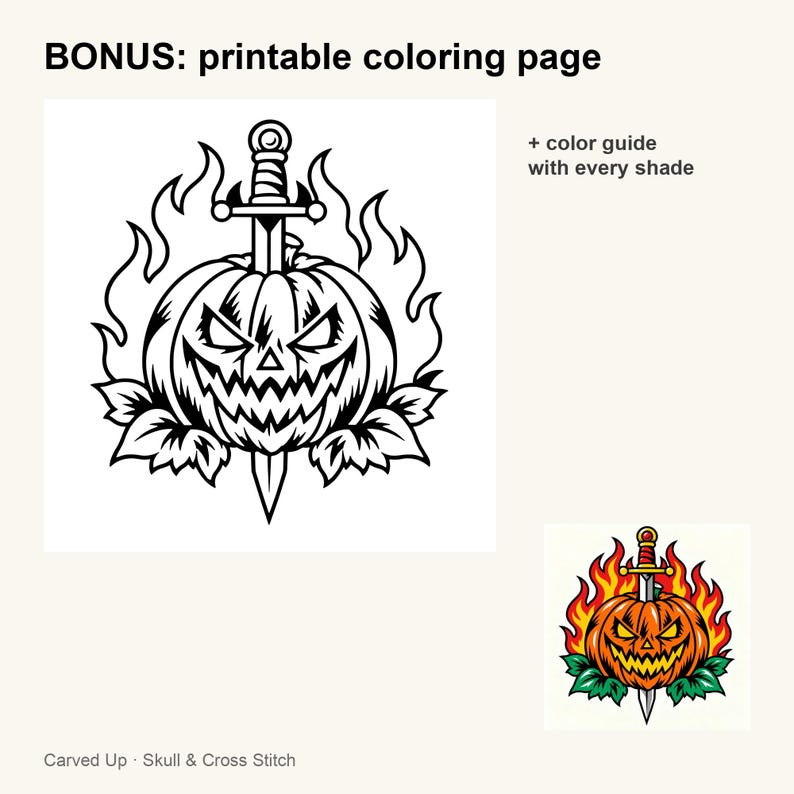 May include: A printable coloring page featuring a black and white line art illustration of a jack-o'-lantern pierced by a sword and surrounded by flames and leaves. Text reads BONUS: printable coloring page + color guide with every shade.