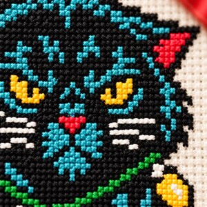 Macro of the stitched grumpy cat face and light bulbs
