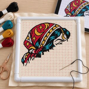 Fortune teller cross stitch in progress in a Q-snap frame