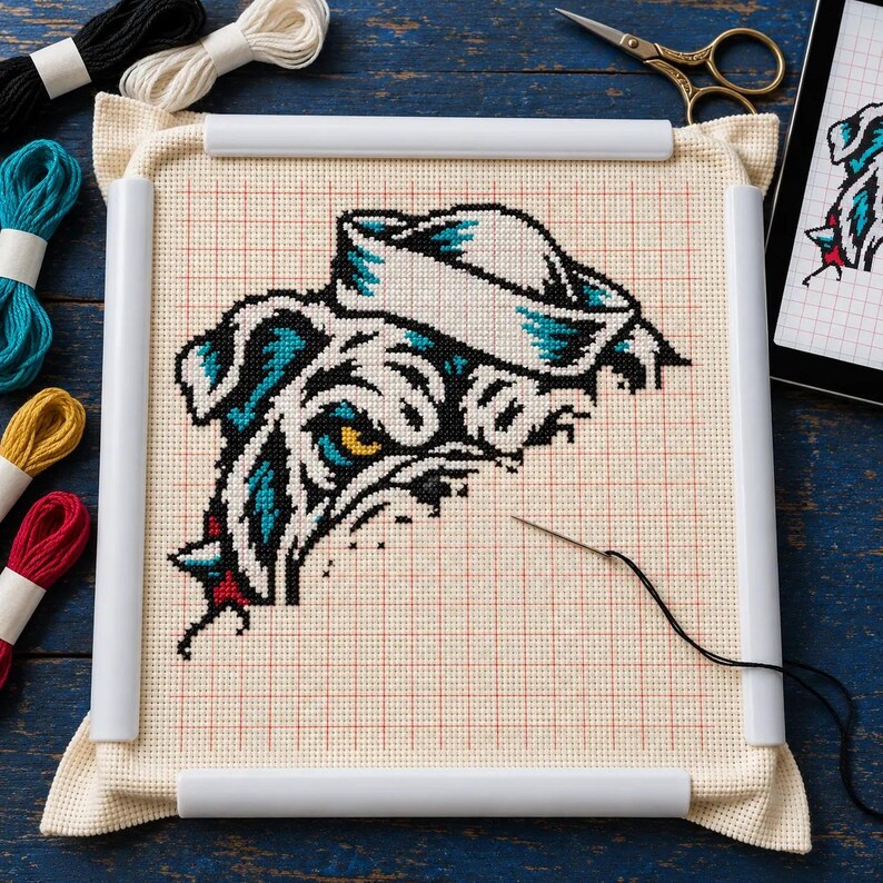 Bulldog cross stitch in progress in a Q-snap frame