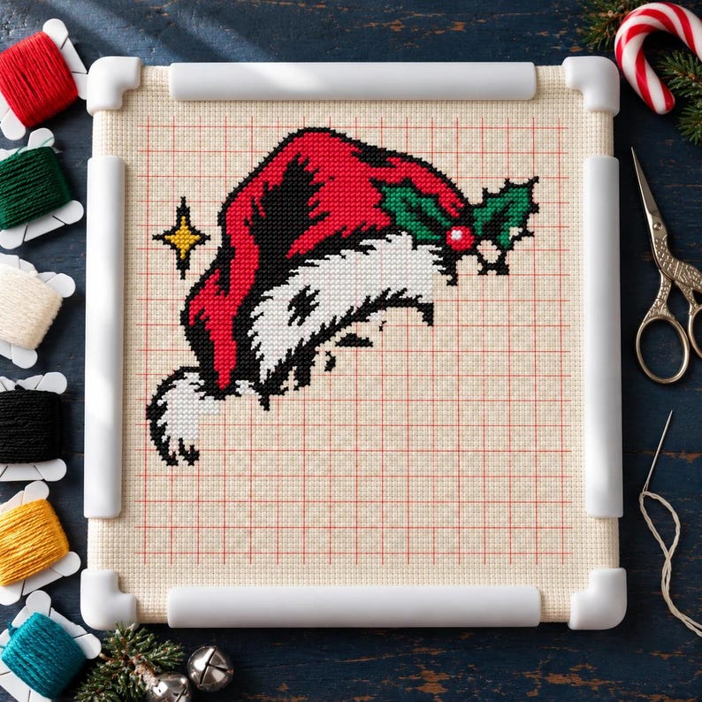 Santa skull cross stitch in progress in a Q-snap frame