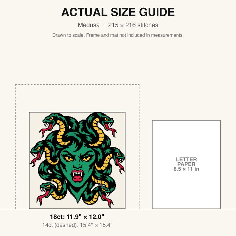 May include: An actual size guide for a Medusa cross stitch pattern featuring a green-skinned figure with yellow eyes and snakes for hair. The text reads: ACTUAL SIZE GUIDE, Medusa, 215 x 216 stitches, 18ct: 11.9" x 12.0", 14ct: 15.4" x 15.4".