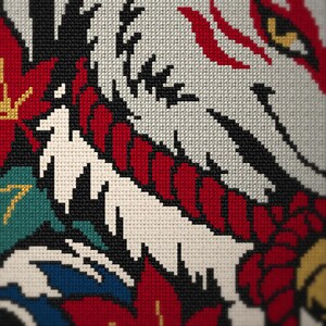 Kitsune Fox Cross Stitch Pattern + Coloring Page, Japanese Irezumi Tattoo Flash Fox With Maple Leaves and Waves (PDF, OXS) image 5