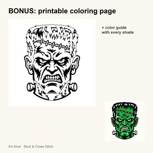 Puede incluir: Una p&aacute;gina para colorear imprimible con una ilustraci&oacute;n de arte lineal en blanco y negro de una cabeza de monstruo con frente cosida y pernos en el cuello. El texto dice BONUS: printable coloring page + color guide with every shade e It's Alive.