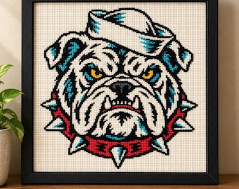 Bulldog Cross Stitch Pattern, Vintage Sailor Tattoo Flash (PDF, OXS)