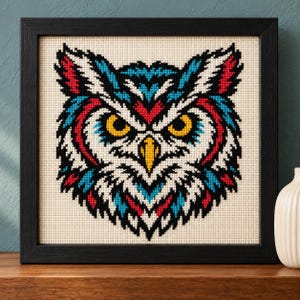 Straight-on view of the finished Owl Cross Stitch in a black frame on a wooden shelf