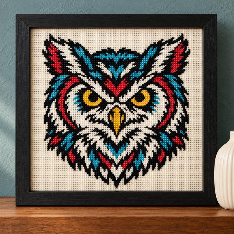 Straight-on view of the finished Owl Cross Stitch in a black frame on a wooden shelf