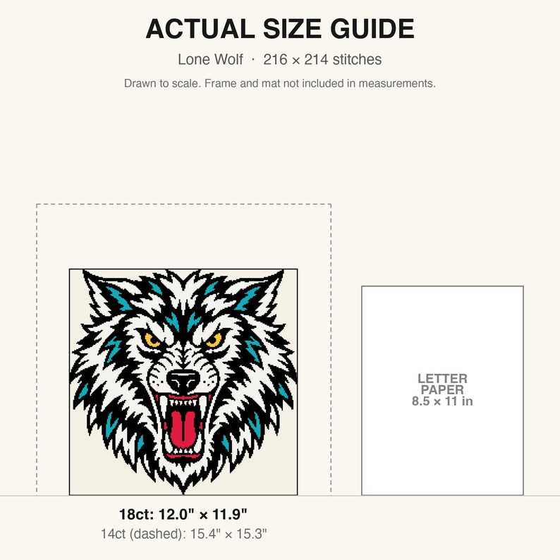 True-to-scale size guide comparing the finished piece to a sheet of letter paper