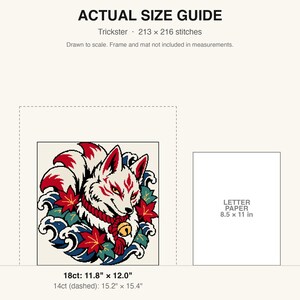 Kitsune Fox Cross Stitch Pattern + Coloring Page, Japanese Irezumi Tattoo Flash Fox With Maple Leaves and Waves (PDF, OXS) image 9