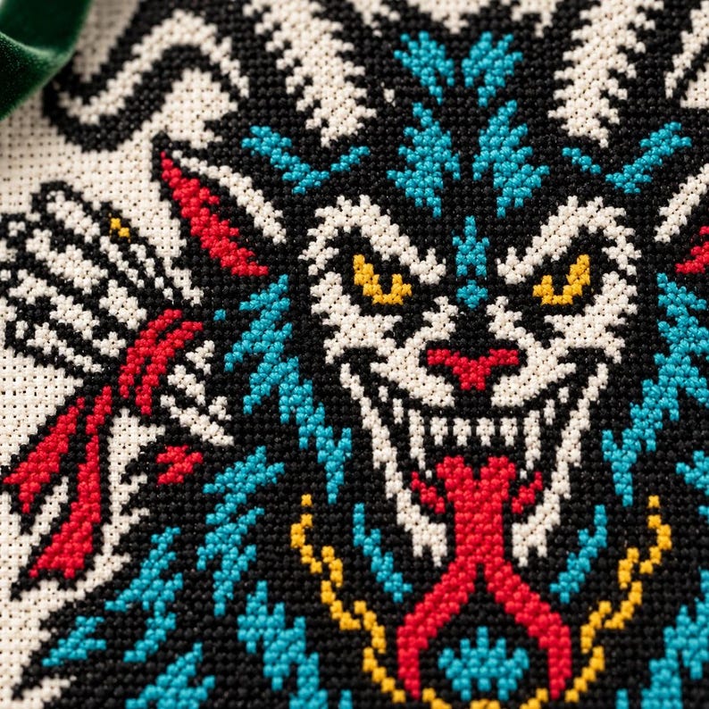 Macro of the stitched Krampus face, fangs and tongue